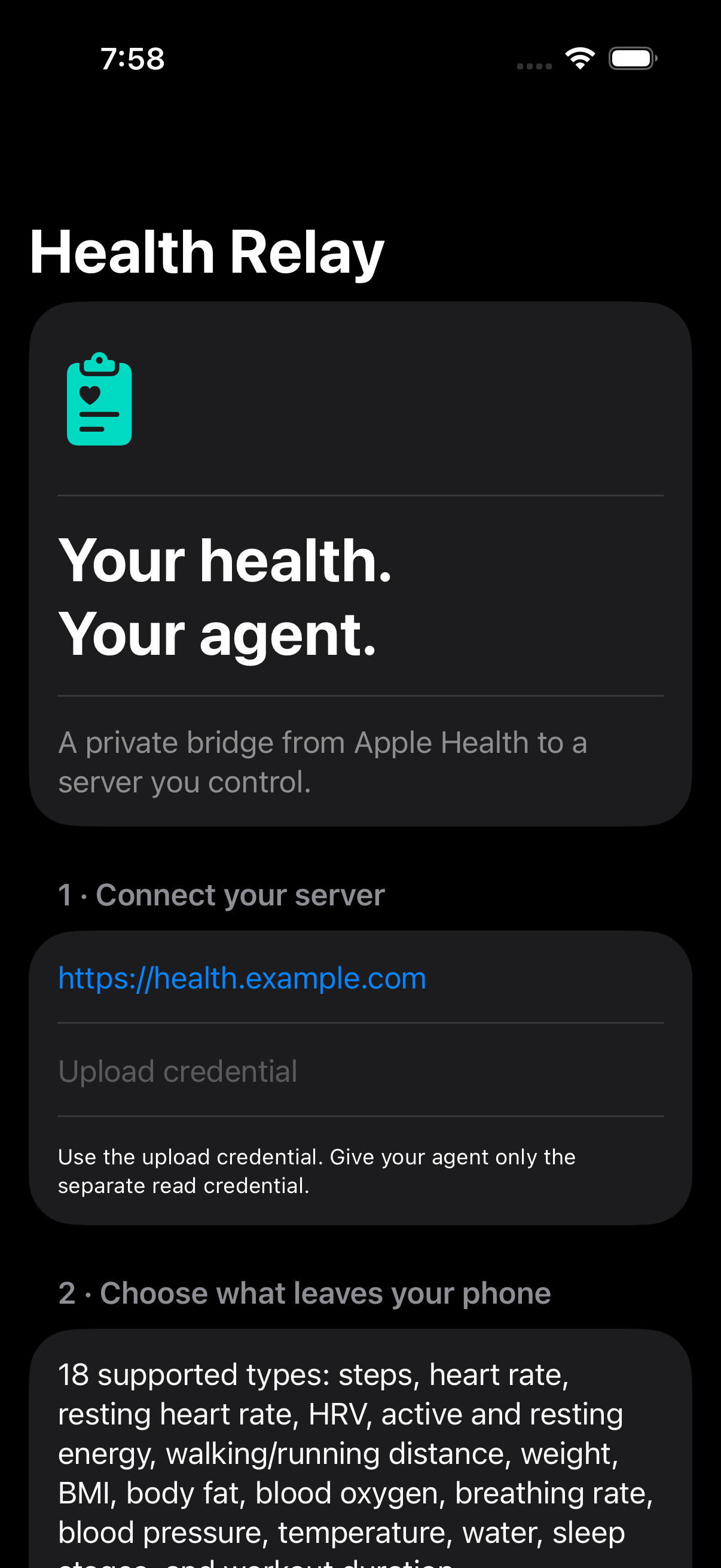 Health Relay app showing server connection and the 18 supported Health types