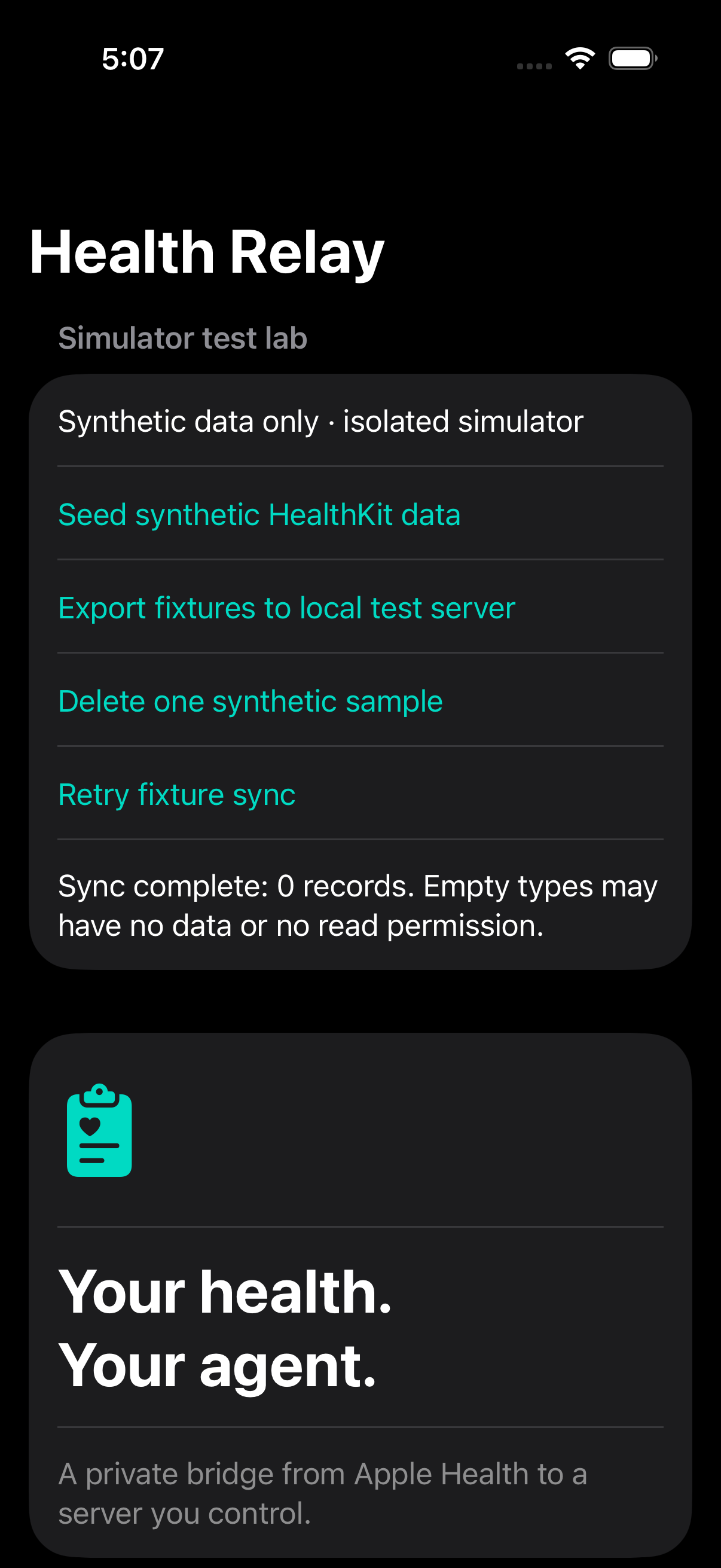 Health Relay simulator test lab with synthetic data and fixture sync controls